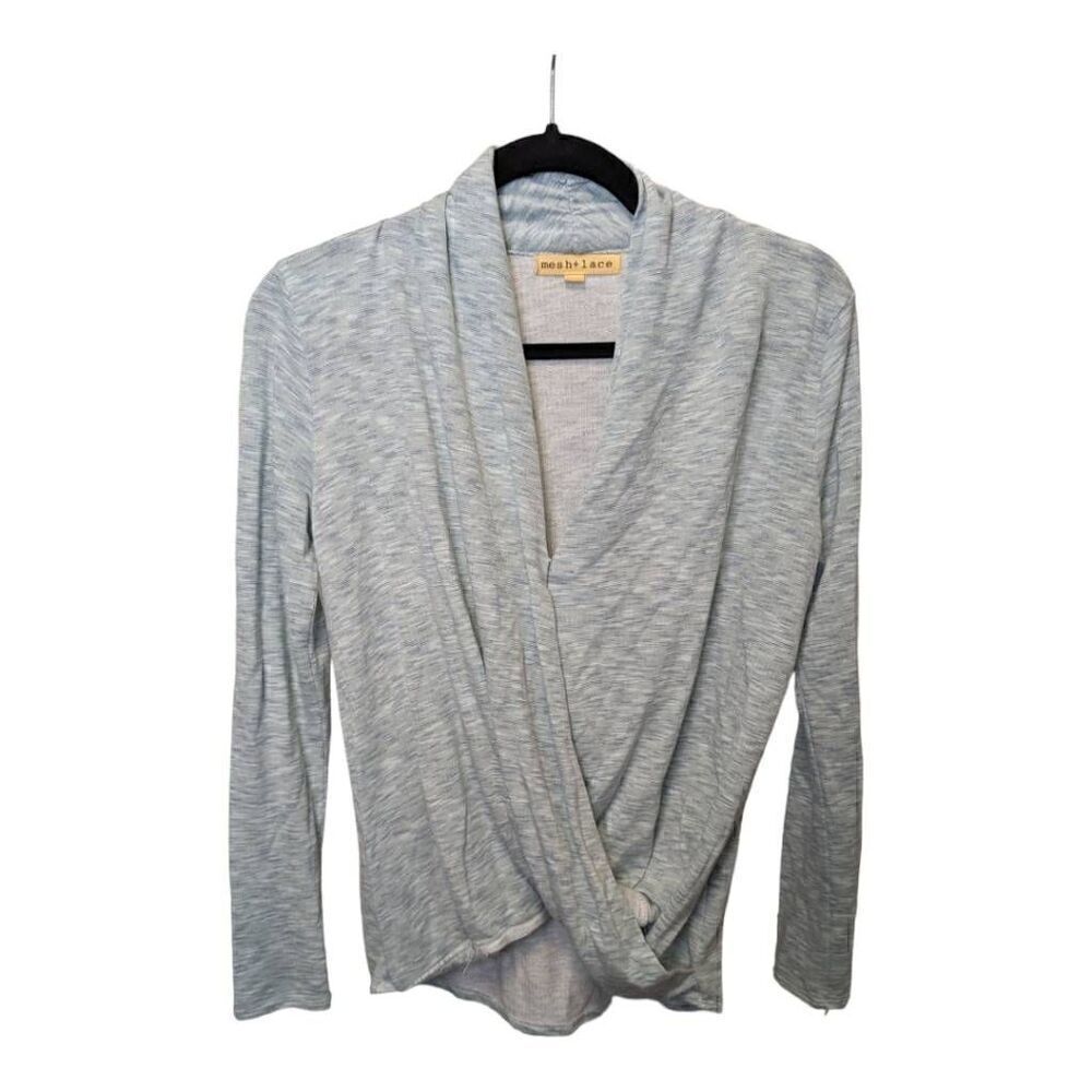 Mesh+Lace Draped Twist Long Sleeve Top Light V-Neck Gray Women's Size Extra Smal
